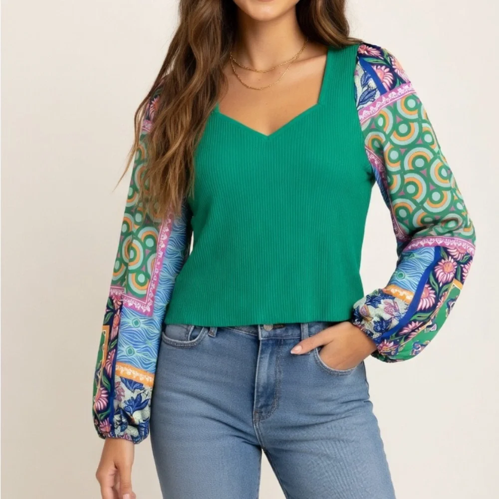 Bailey 44 Green Ribbed Knit Boho Satin Ballon Sleeves Top sz XL - Picture 2 of 12